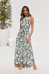 Boho Maxi Dress, Halter Dress, Meadowsweet in Black Hibiscus