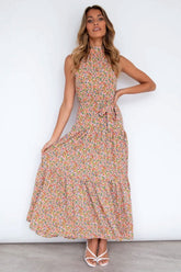 Boho Maxi Dress, Halter Dress, Meadowsweet in Pink Ltittle Flower
