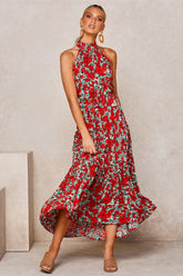 Boho Maxi Dress, Halter Dress, Meadowsweet in Red Tulip