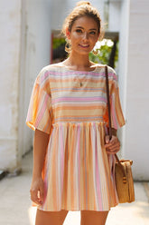Boho Mini Dress Sundress, Cotton Stripe in Pink