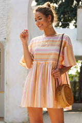 Boho Mini Dress Sundress, Cotton Stripe in Pink