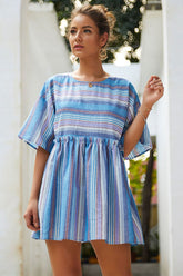 Boho Mini Dress Sundress, Cotton Stripe in Blue