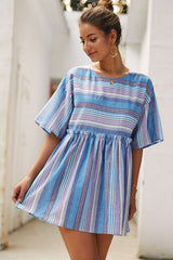 Boho Mini Dress Sundress, Cotton Stripe in Blue