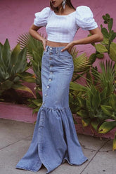 Button Up High Waist Flare Hem Denim Skirt