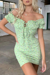 Boho Mini Dress Off Shoulder Sundress, Pastel Green Flower Child