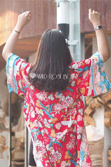 Boho Robe, Kimono Robe, Beach Cover up, Short Robe, Blue Bird in Red