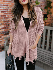 Zipper Ripped Drawstring Hooded Cardigan