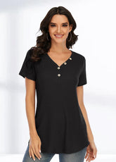 Button V Neck Short Sleeve Solid Color T-shirt