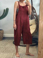 Women's Pocket Cotton Solid Loose Jumpsuit