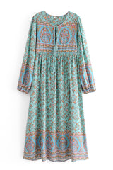 Gown Dress, Boho Maxi Dress, Loose Dress, Parakeet Green Indian Floral
