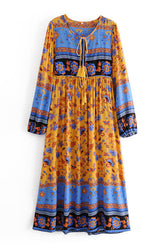 Gown Dress, Boho Maxi Dress, Loose Dress, Blue Yellow Indian Floral