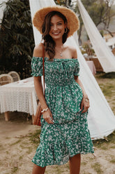 Boho Midi Dress, Off Shoulder Sundress, Nicole in Green