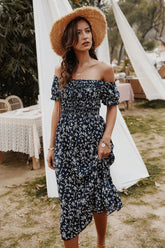 Boho Midi Dress, Off Shoulder Sundress, Nicole in Navy Blue