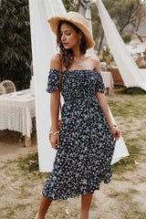 Boho Midi Dress, Off Shoulder Sundress, Nicole in Navy Blue