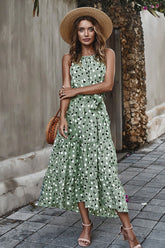 Boho Midi Dress, Strappy Sundress, Polka Dot in Green