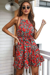 Boho Mini Dress Halter Sundress, Tulip in Red