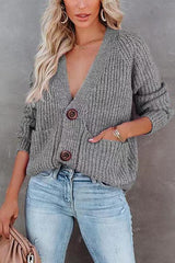 Deep V-neck Pockets Chunky Knit Cardigan