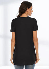 Button V Neck Short Sleeve Solid Color T-shirt
