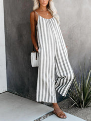 Pocket Suspender Striped Straight-leg Jumpsuit