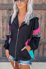Playful Leopard Contrast Pocketed Windbreaker Top