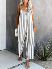 Pocket Suspender Striped Straight-leg Jumpsuit