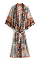 Boho Robe, Kimono Robe, Beach Cover up, Beige Flamingo