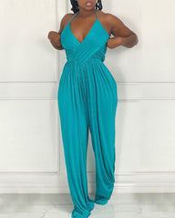 Overlap Ruched Backless Wide Leg Halter Jumpsuit