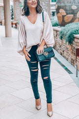 V Neck Puff Long Sleeve Blouse