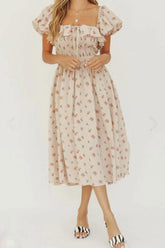 Boho Midi Dress, Off Shoulder Smocked Dress, Pink Foxolove