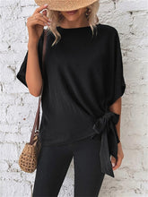 Women's Summer Solid Color Bat Wing Sleeve Hem Knot Loose T-shirt Tops Black Gray Blue Brown Green S M L XL