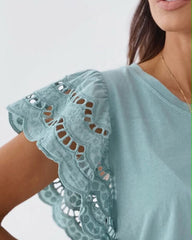 Hollow Out Scallop Lace Trim Flutter Sleeve Blouse