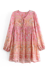 Boho Mini Dress Tunic Dress, Karlie Vintage Pink Rose