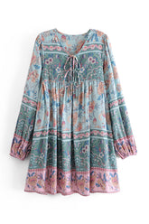 Boho Mini Dress Tunic Dress, Karlie Vintage Blue Rose
