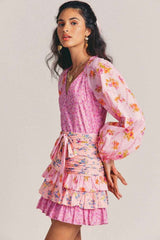 Boho Mini Dress Ruffle Dress, Fuchsia Alyssa