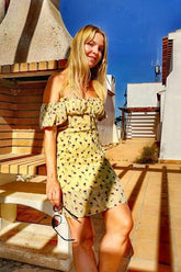 Boho Mini Dress Off Shoulder Sundress, Pastel Yellow Flower Child