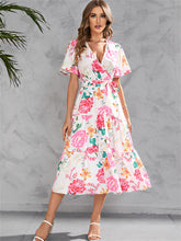 Women's Summer Print V-neck Waist-length Mid-length Tied Short-sleeved Big Swing Dress Personality Street Style Mid-length Dress