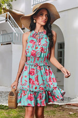 Boho Mini Dress Halter Sundress, Blue Red Rose