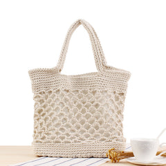 Pure Color Cotton Crocheting Woven Trendy Women's Portable Vacation Beach Tote Bags