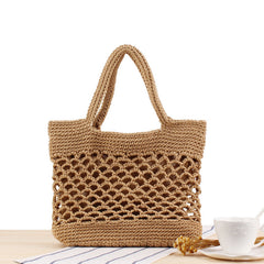 Pure Color Cotton Crocheting Woven Trendy Women's Portable Vacation Beach Tote Bags