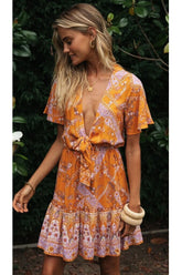 Boho Mini Dress Wild Floral in Yellow Indian Mustard