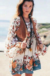 Boho Mini Dress Playdress, White Modern Kimono Dress Floral