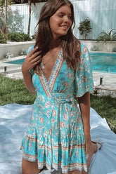 Boho Mini Dress Sundress, Vacation in River Blue