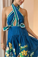 Call It Love Linen Blend Floral Halter Cross-over Neck Back Smocked Midi Dress