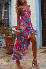 V Neck Irregular Hem Printed Cami Holiday Dress