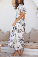 Seaside Space Floral Satin Open Back Crossover Straps Maxi Dress