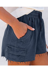 Raw Edge Pockets Drawstring Shorts