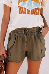 Raw Edge Pockets Drawstring Shorts