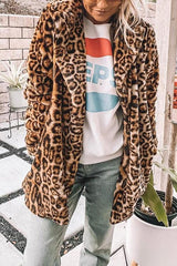 Pockets Leoaprd Faux Fur Lapel Coat