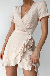 Ruffles Knot V Neck Wrap Mini Dress
