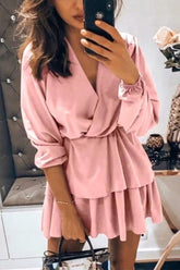 V Neck Long Sleeve Tiered Mini Dress